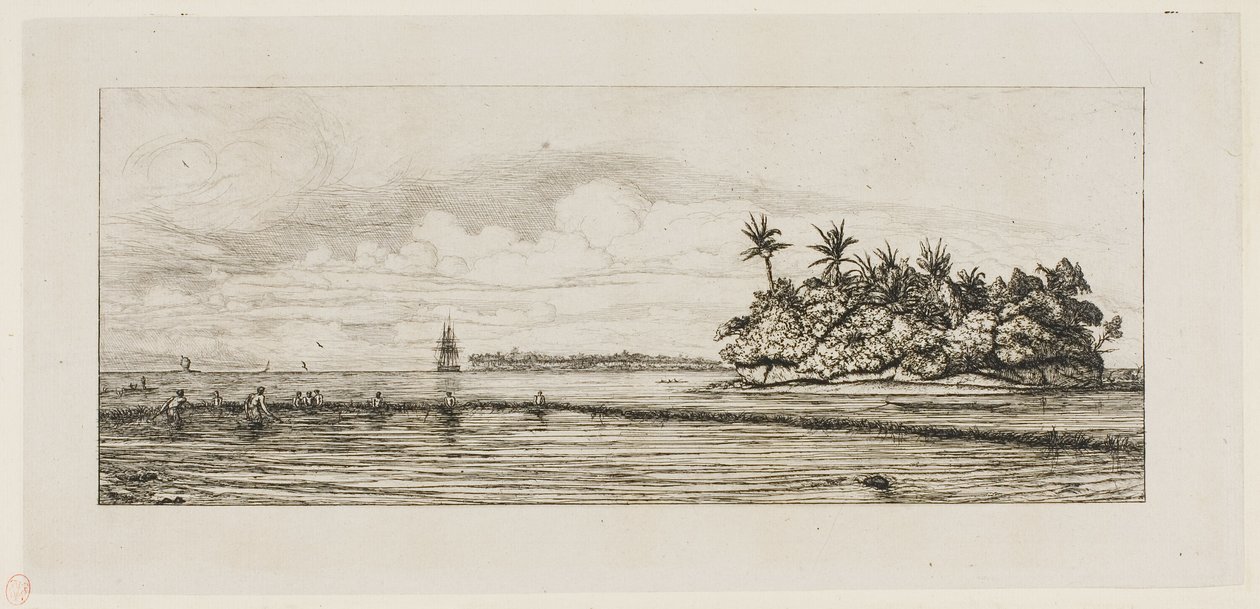 Ozeanien: Fischen, nahe Inseln mit Palmen in der Uea- oder Wallis-Gruppe, 1845 von Charles Meryon