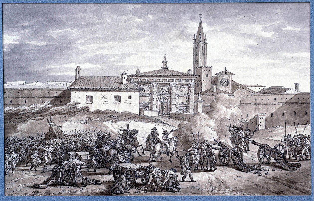 Kampagnen in Italien: Napoleon Bonaparte (1769-1821) und Marschall Augereau setzen 1796 eine Tür von Verona in Italien mit einer Kanone, Zeichnung in Feder zugeschrieben Charles Meynier (1768-1832). Maße 0,25x0,4 m. Paris, Louvre Museum von Charles Meynier