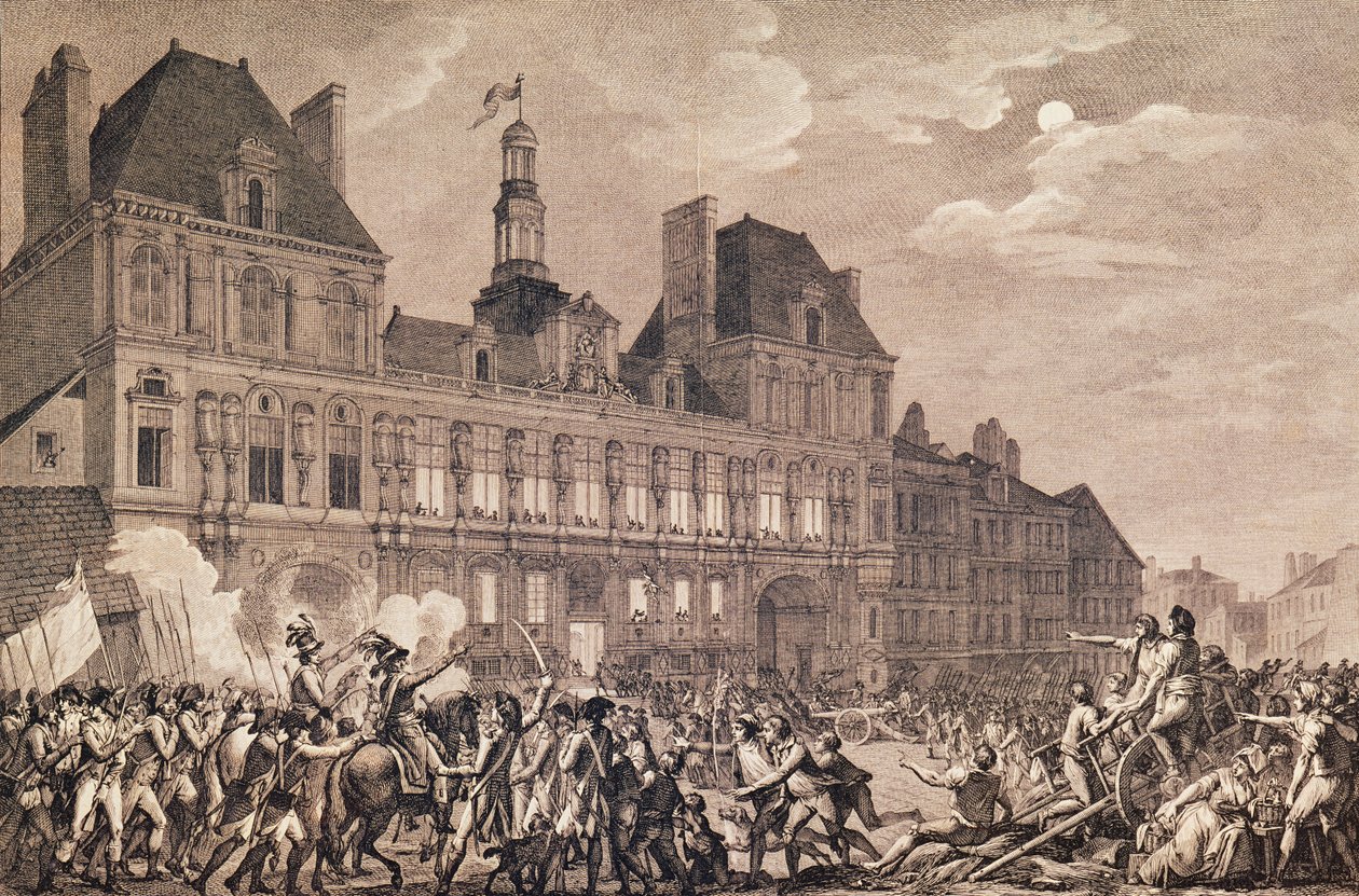 Robespierre, Saint-Just, Couthon und Hanriot suchen Zuflucht im Hôtel de Ville in Paris, 9. Thermidor Jahr II (27. Juli 1794) 1800 von Charles Monnet