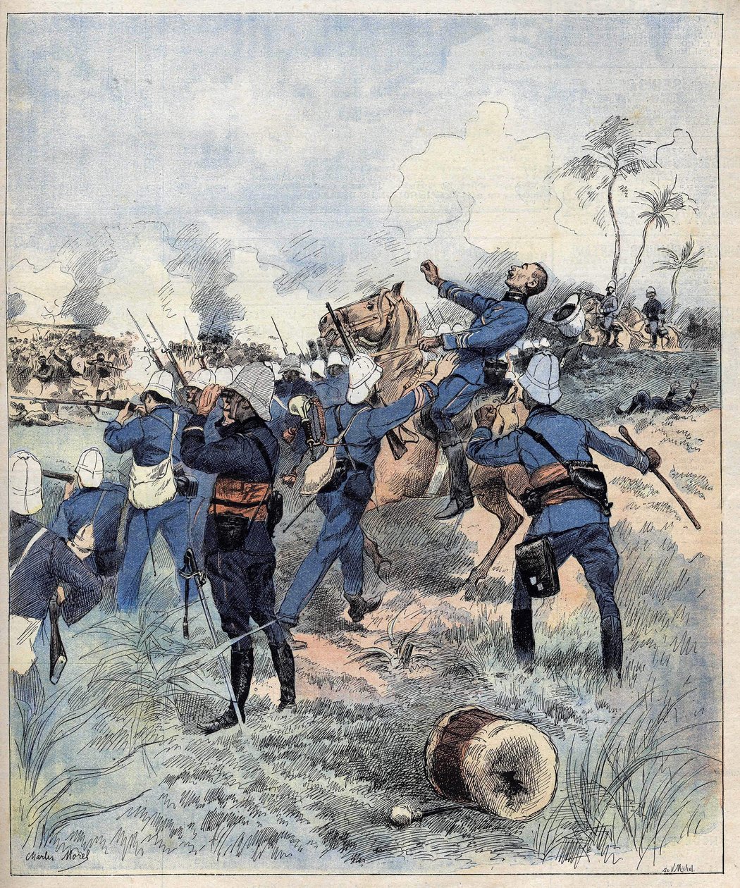 Kommandant Faurax starb in der Schlacht von Dogba am 19. September 1892 in Dahomey (heute Benin) nach dem Aquarell von Morel von 1892 von Charles Morel