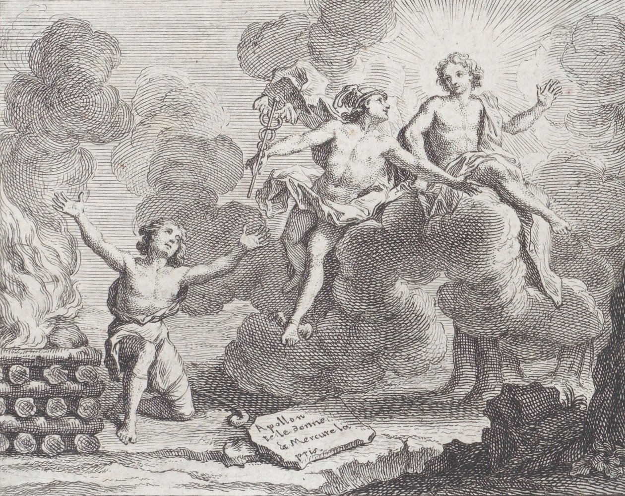 Apollo, Merkur und die Schäferinnen, Fabel X in La Motte, Fables Nouvelles, 1719 von Charles Nicolas Cochin