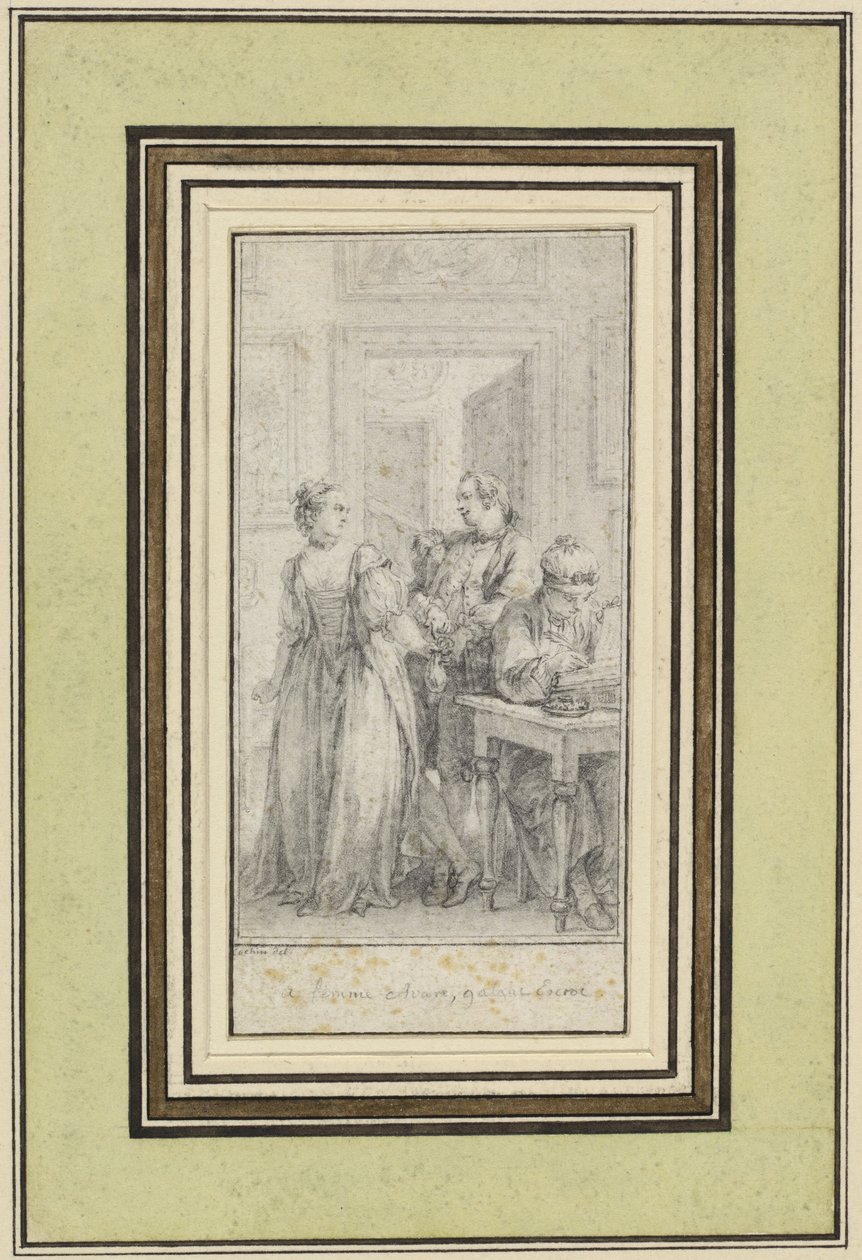 Achter Tag, erste Geschichte, Madonna Ambruogia gibt ihrem Ehemann die zweihundert Florin, die sie von Gulfardo als Bezahlung für ihre Gunst erhalten hat von Charles Nicolas Cochin II