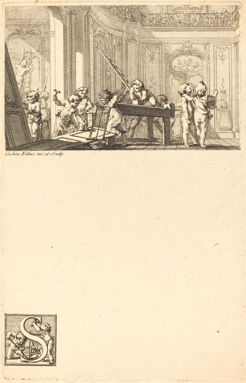 Putti bereiten die Innendekoration eines Herrenhauses vor von Charles Nicolas Cochin II