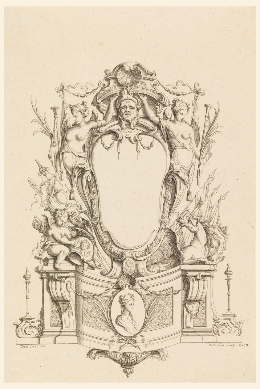 Entwurf für Kartusche aus "Cartouches Nouvellement Inventez" von Charles Nicolas Cochin the younger