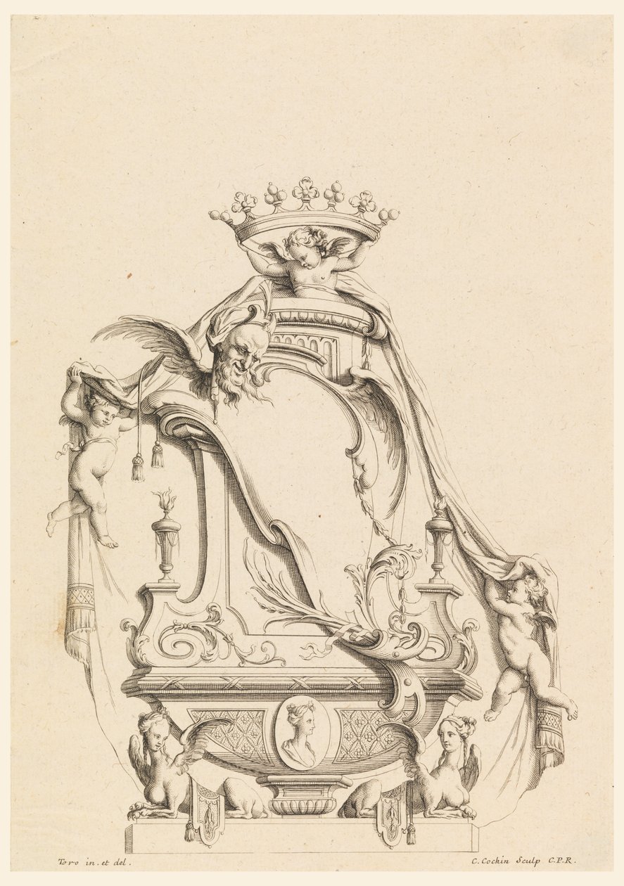 Entwurf für Kartusche aus "Cartouches Nouvellement Inventez" von Charles Nicolas Cochin the younger