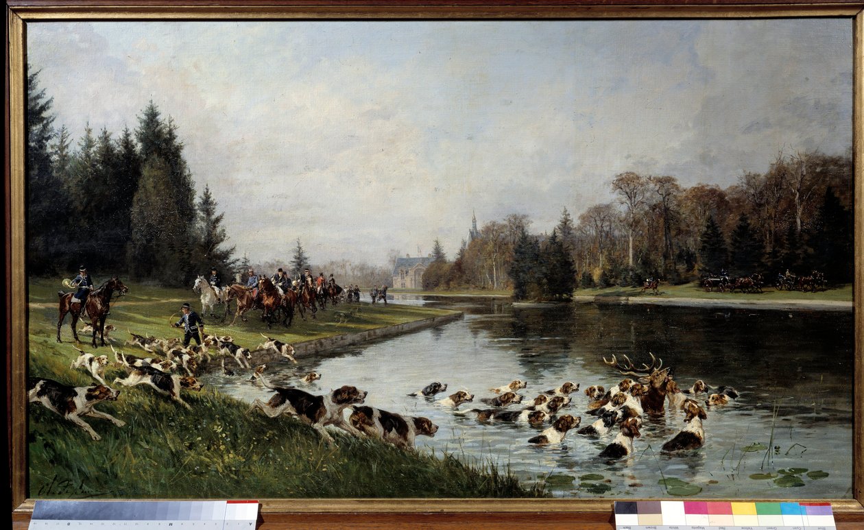 Jagd: Das Hallali des Hirsches am Teich von Sulvie, Jagd des Herzogs von Aumale von Charles Oliver de Penne