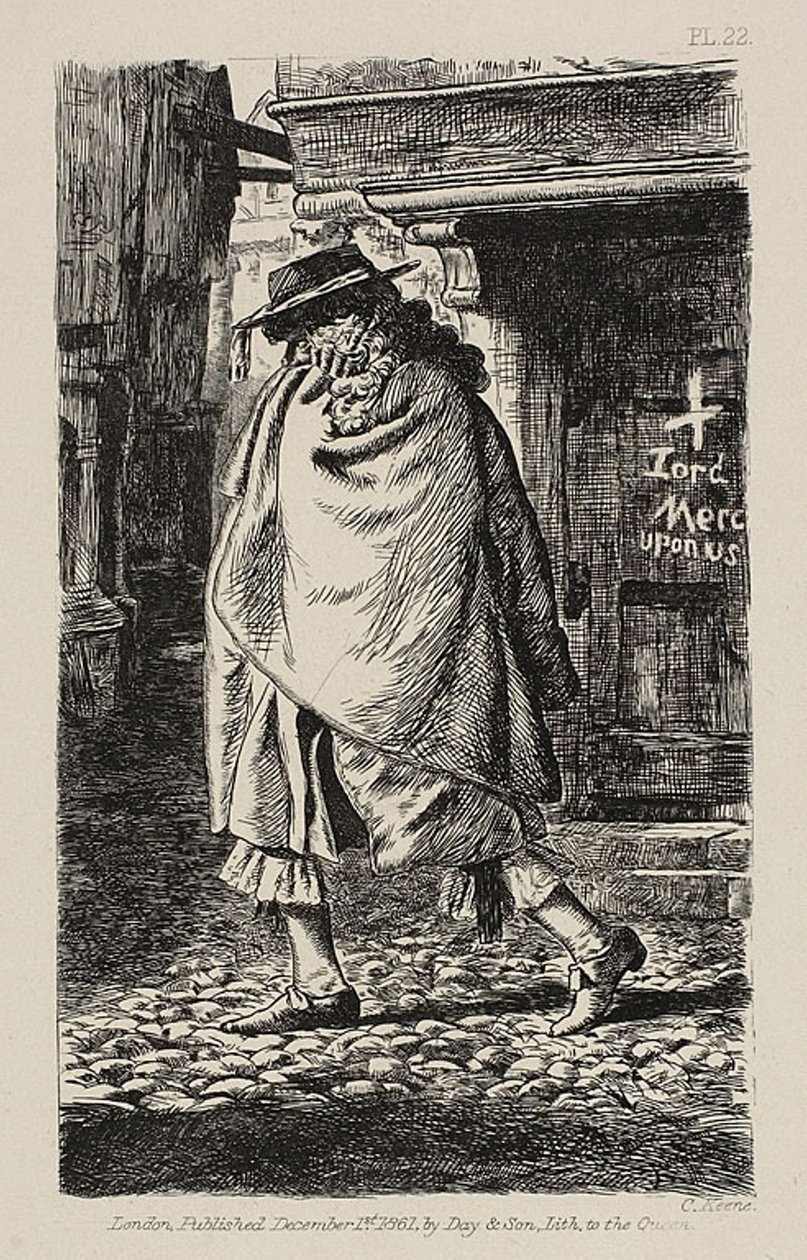 Eine verhüllte Gestalt, die durch die Straße geht (zur Zeit der Pest in London) von Charles Samuel Keene