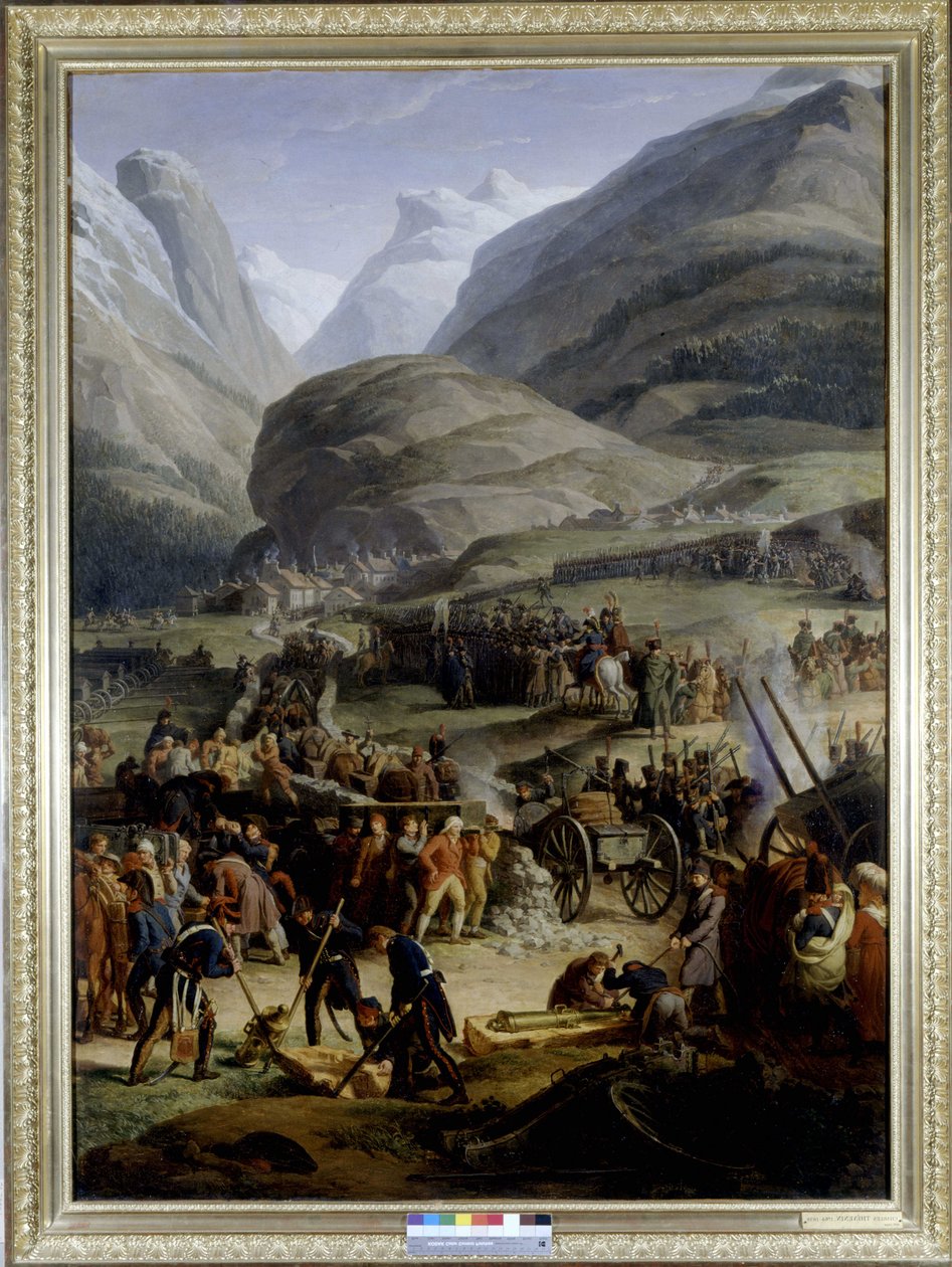 Die französische Armee im Dorf Saint Pierre für die Überquerung des Saint Bernard Passes (frühes 19. Jahrhundert) von Charles Thevenin