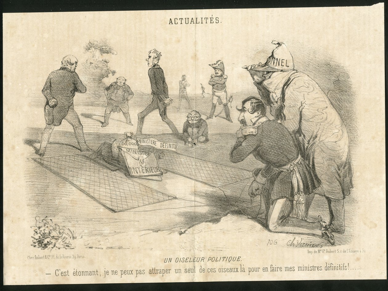 Illustration von Charles Vernier in Le Charivari - Ein politischer Vogelfänger - Präsident der Republik, Innenministerium - Thiers Adolphe, Napoleon III, Faucher Leon von Charles Vernier