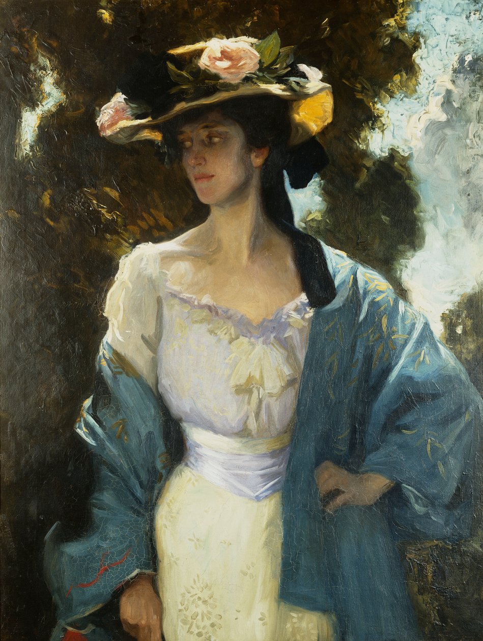 Porträt von Frances Josephine Furse, der Schwägerin des Künstlers in einer blauen orientalischen Jacke, 1903 von Charles Wellington Furse