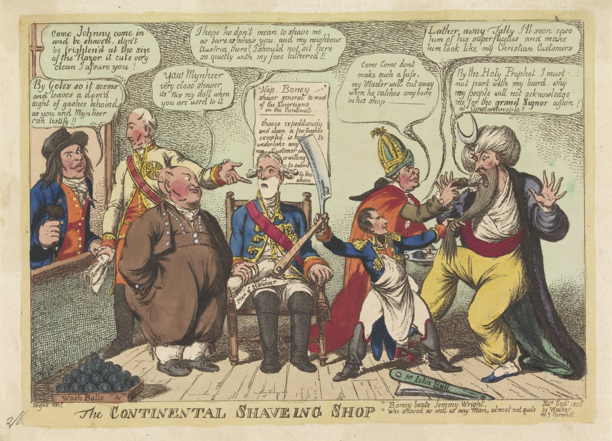 Napoleon als Barbier für europäische Mächte, 1806 von Charles Williams