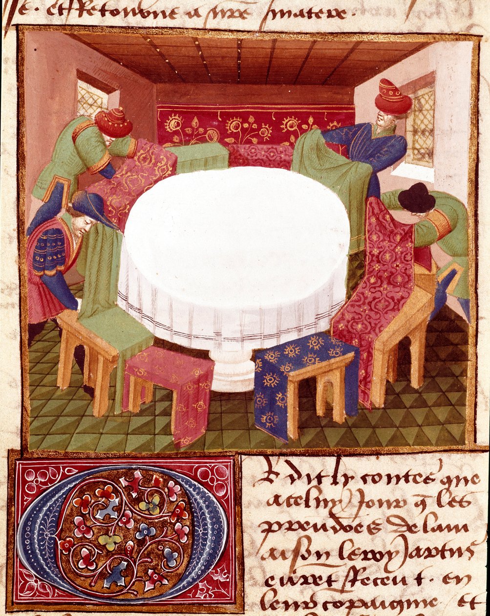 Vorbereitungen der Tafelrunde bei der Ankunft der Miniaturritter aus „Romanesque du Chevalier Tristan“ von Meister Charles de Maine von Charles du Maine Master
