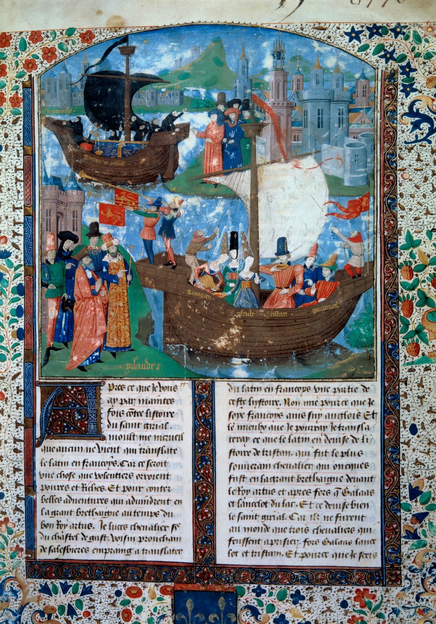 Tristan und Isolde verlassen Irland, Tristan trinkt den Liebestrank. Im Hintergrund werden ihre beiden Körper nach Irland zurückgebracht. Miniatur aus dem Manuskript ms. 103 f.1 Der Roman von Tristan, zugeschrieben dem Meister Charles von Maine. 15. Jahrhu von Charles du Maine Master