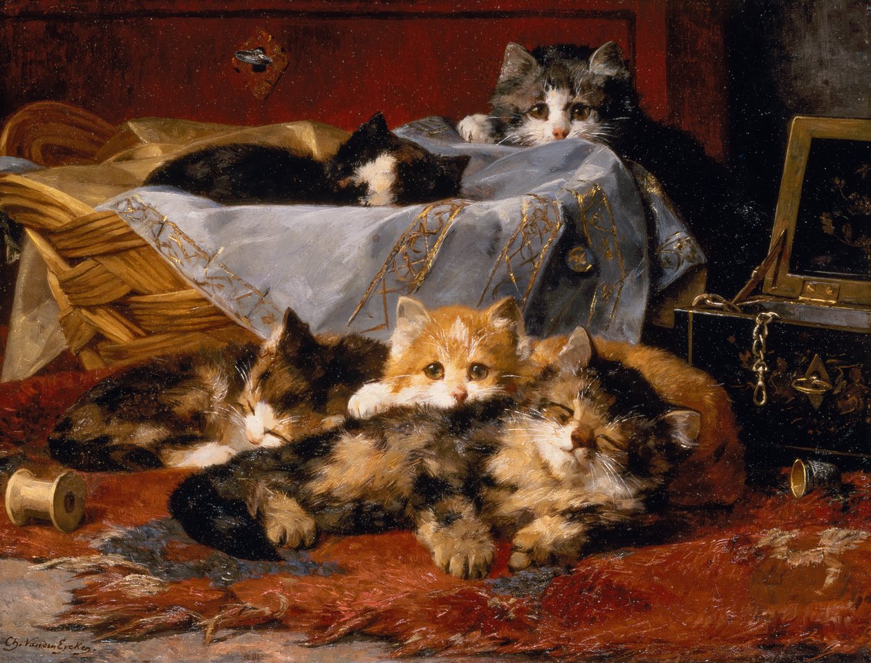 Kätzchen bei einem Nähkorb von Charles van den Eycken