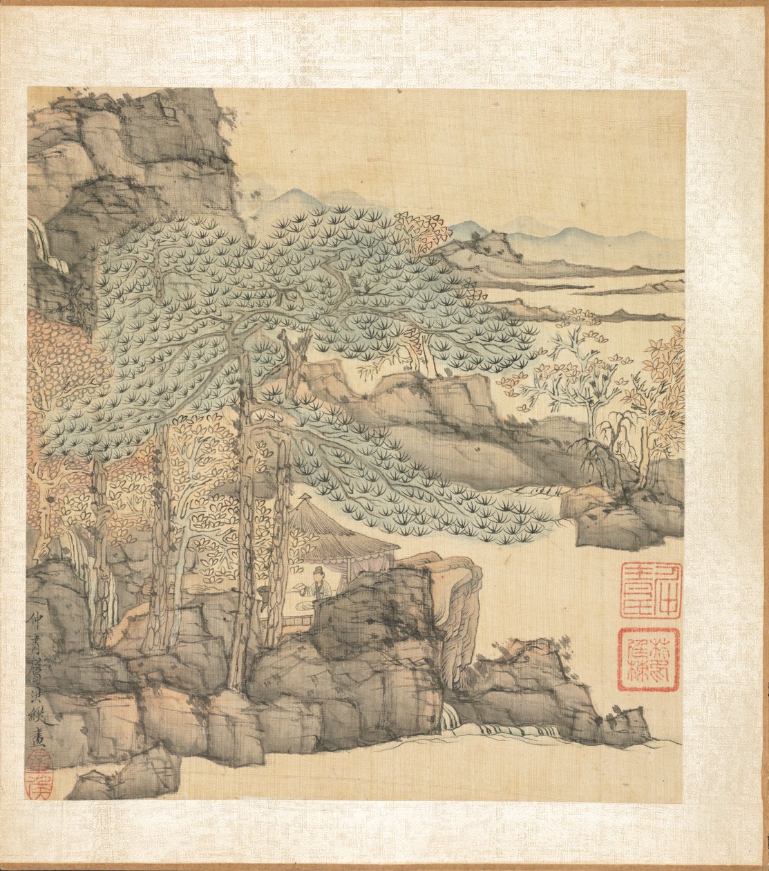 Gelehrter liest in einer Strohhütte am Wasserfall von Chen Hongshou