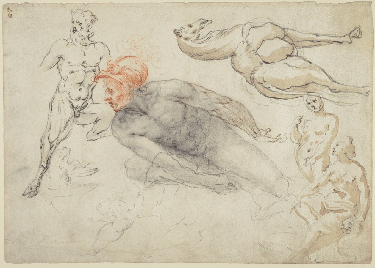 Studien von männlichen und weiblichen Akten, einem Satyr und einem Kamel (recto); Statue von Marcus Aurelius (verso) von Cherubino Alberti