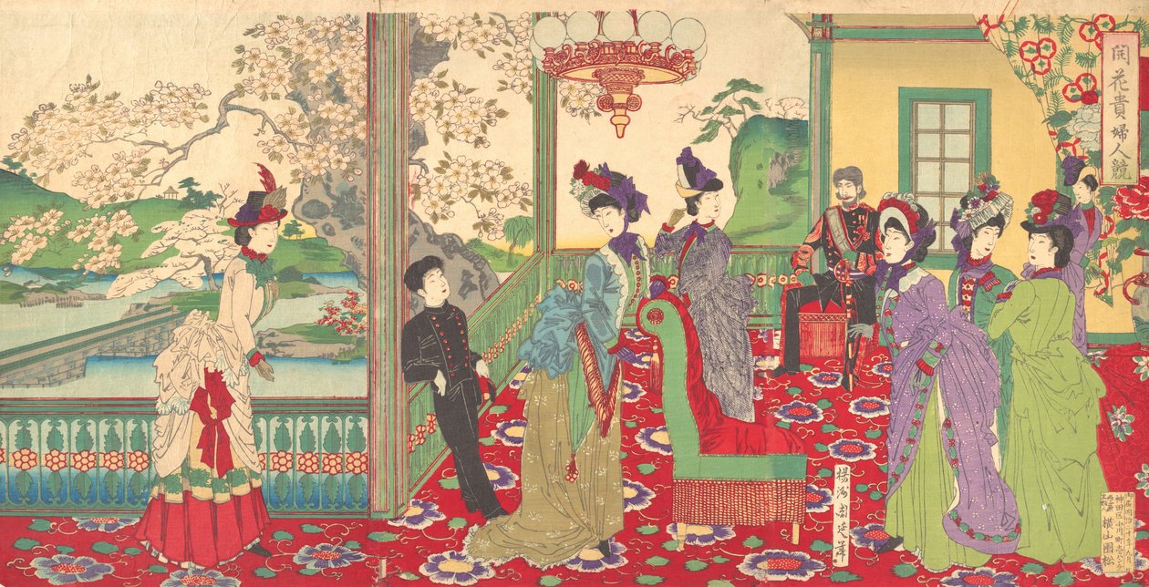 Ein Wettbewerb eleganter Damen unter den Kirschblüten, September 1887 von Chikanobu Yoshu