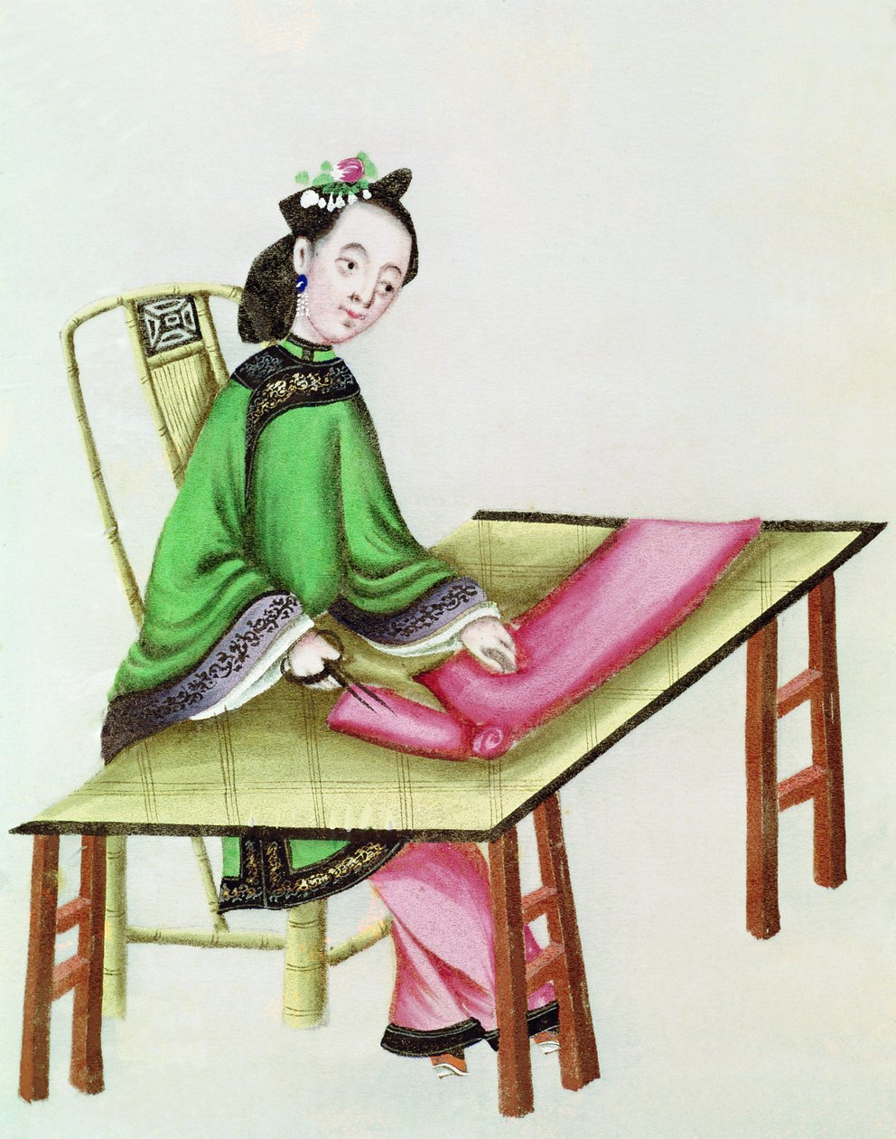 Eine chinesische Frau schneidet Stoff, Qianlong-Periode (1736-96) von Chinese School