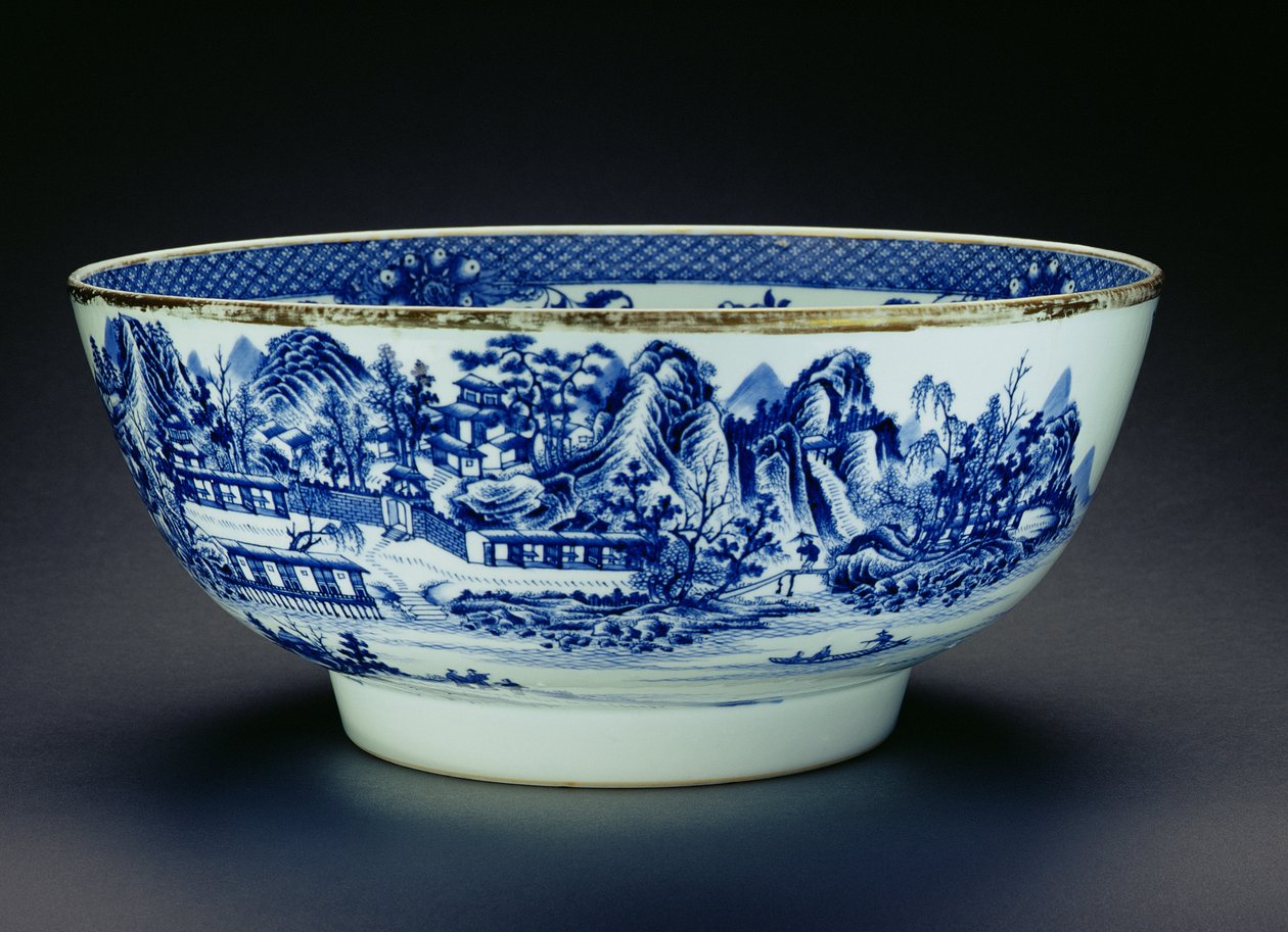 Blau-weiße Schale mit einer Szene der Porzellanherstellung (Porzellan) von Chinese School