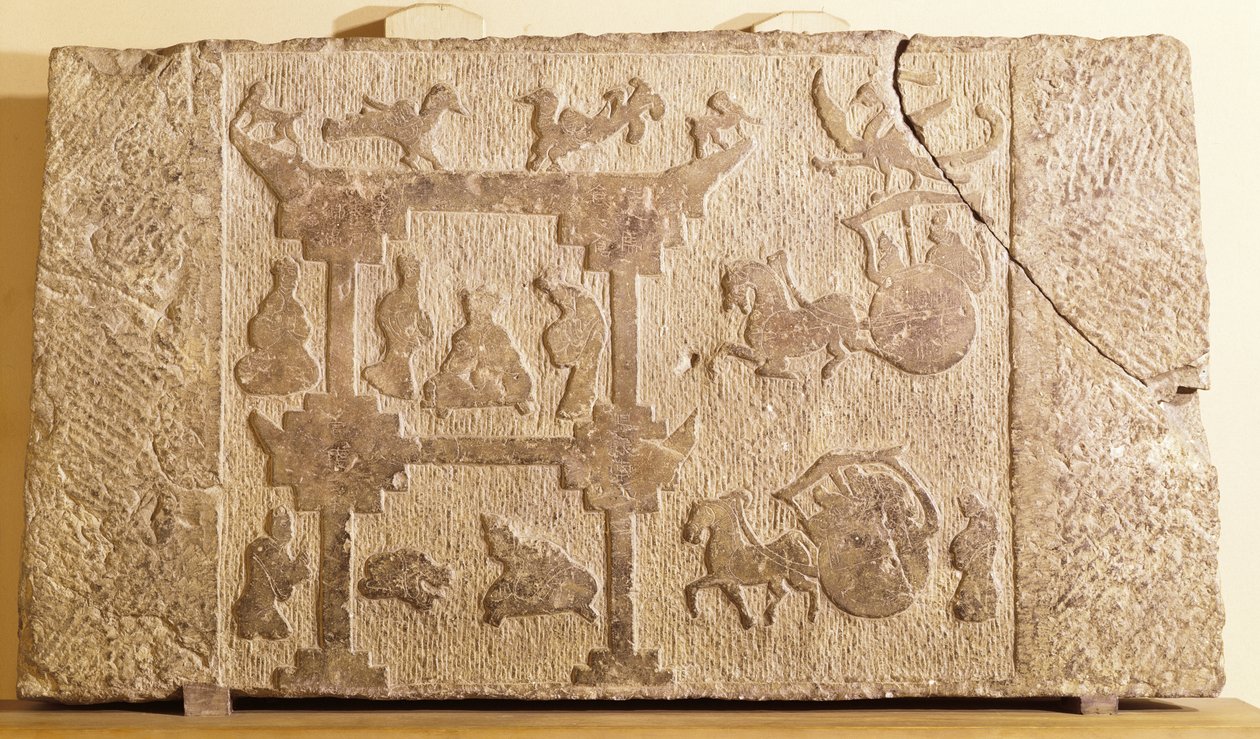 Platte, dekoriert mit Wagen und mythischen Vögeln, Han-Dynastie (206 v. Chr.-220 n. Chr.) von Chinese School