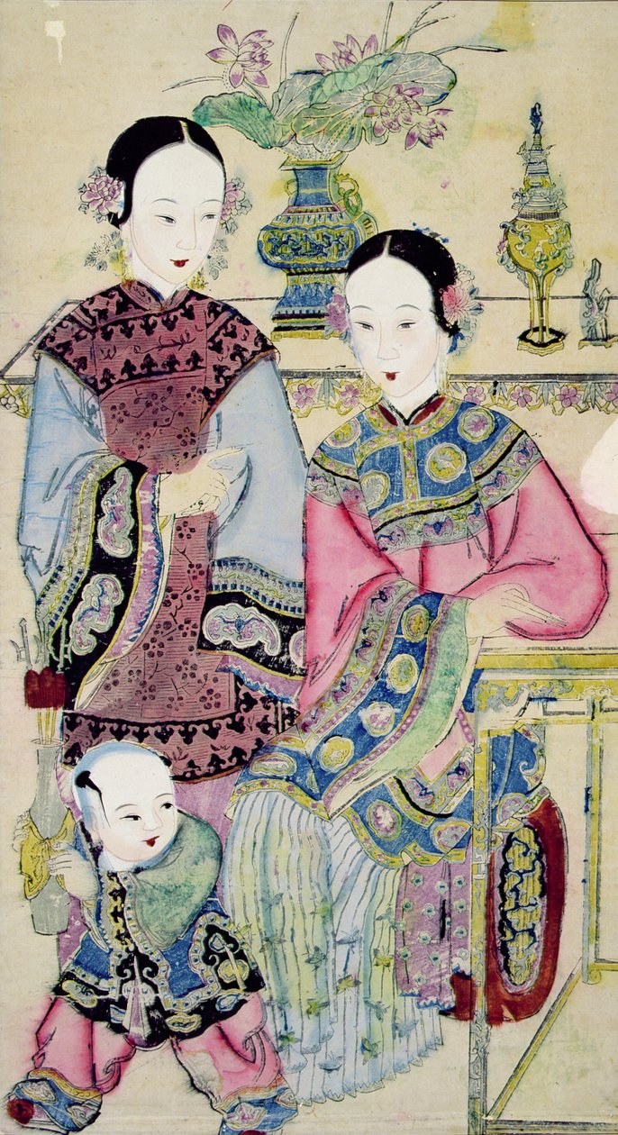 Zwei Frauen mit einem Kind, Yangliuqing (Farbholzschnitt) von Chinese School