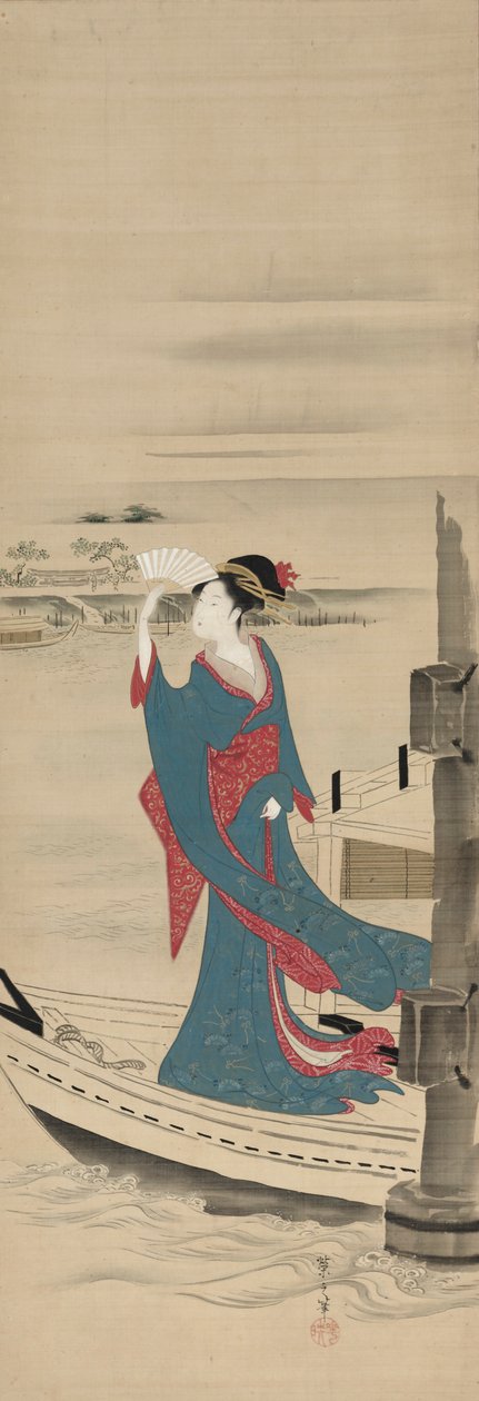 Schönheit in einem Boot auf dem Sumida-Fluss, späte 1700er-frühe 1800er von Chobunsai Eishi