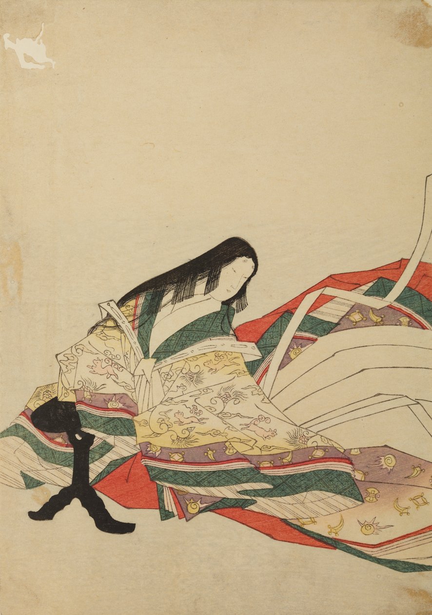 Dame des Hofes, die vor einem schwarzen Tisch sitzt, Tafel aus dem Album: Nishiki-zuri onna sanju rokkasen e-zukushi von Chobunsai Eishi