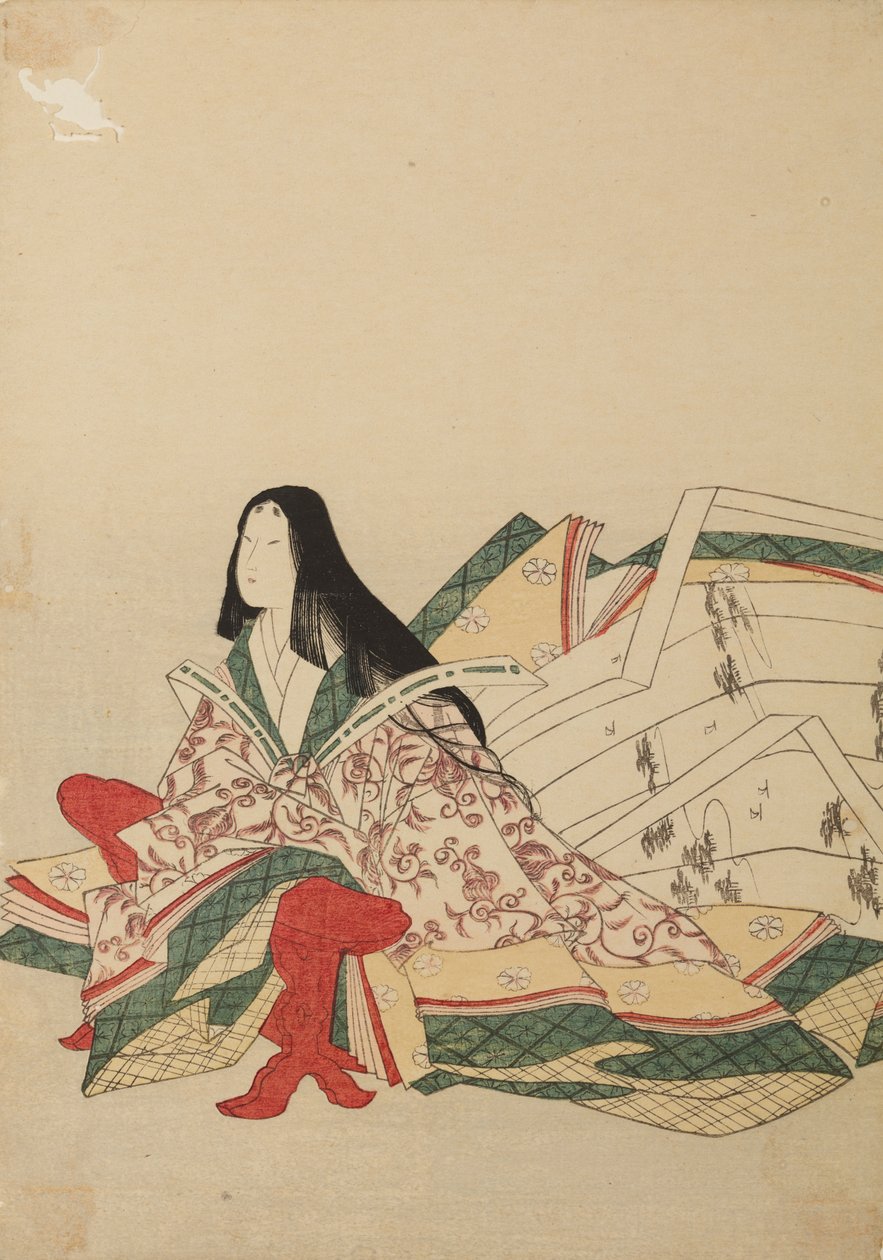 Dame des Hofes, sitzend, gestützt auf Kyosoku, aus dem Album: Sechsunddreißig Poetinnen von Chobunsai Eishi