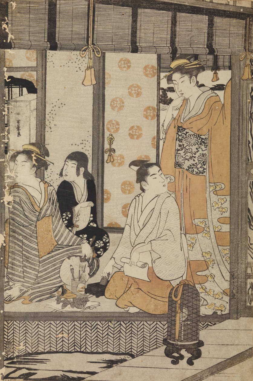 Zwei Frauen, ein Jüngling und ein Mädchen im Inneren eines Hauses von Chobunsai Eishi