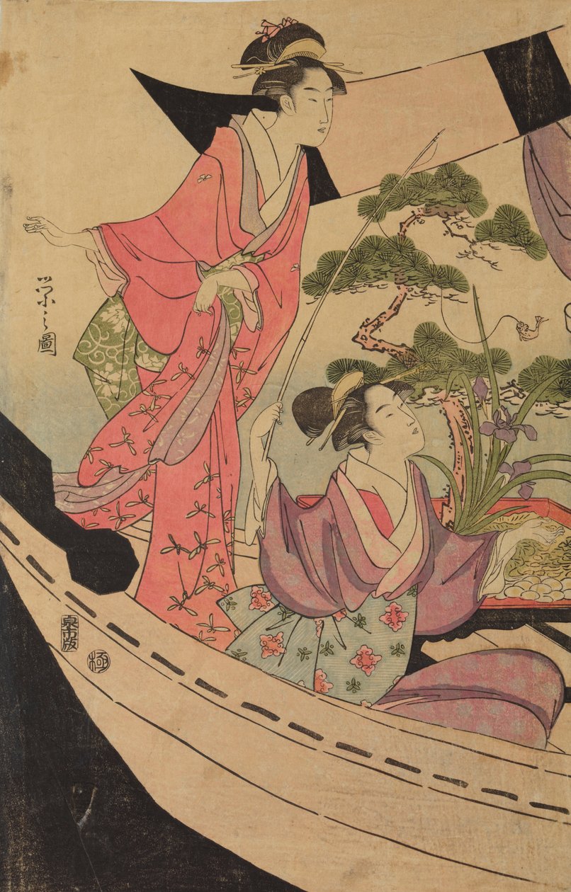 Zwei Frauen in einem Boot mit einem gefangenen Fisch an der Angel von Chobunsai Eishi