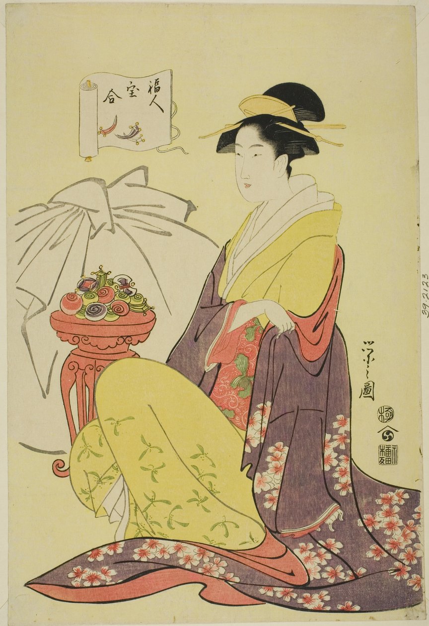 Hotei, aus der Serie "Vergleich der Schätze der Glücksgötter" von Chobunsai Eishi