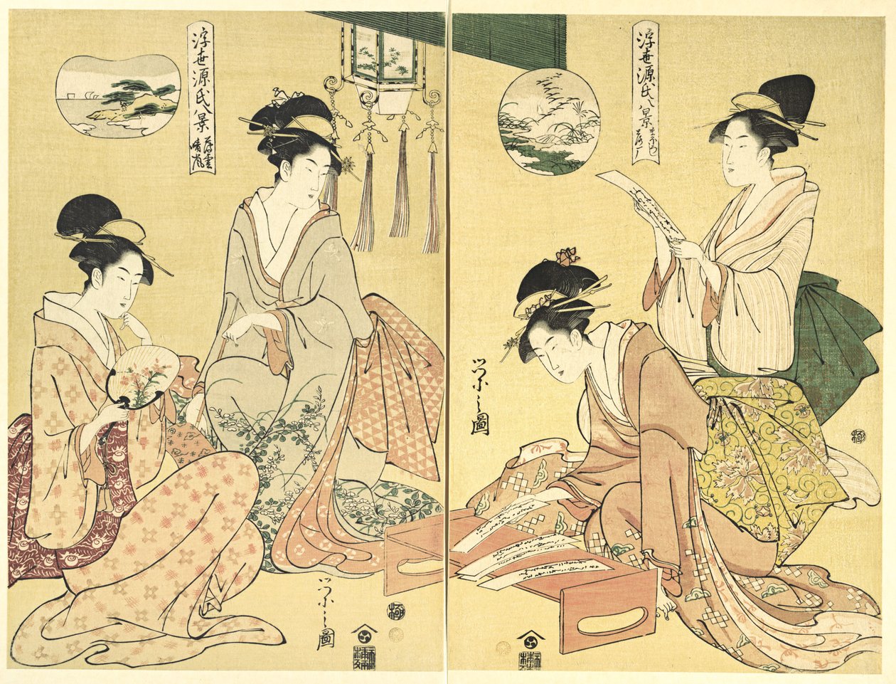 Geisterbeschwörer; Heimkehrende Wildgänse (Maboroshi; Rakugan) (rechts) und Ein dünner Wolkenschleier; Aufklarendes Wetter (Usugumo; Seiran) (links), aus der Serie Acht Ansichten der Geschichte vom Prinzen Genji in der fließenden Welt (Ukiyo Genji hakkei) von Chobunsai Eishi