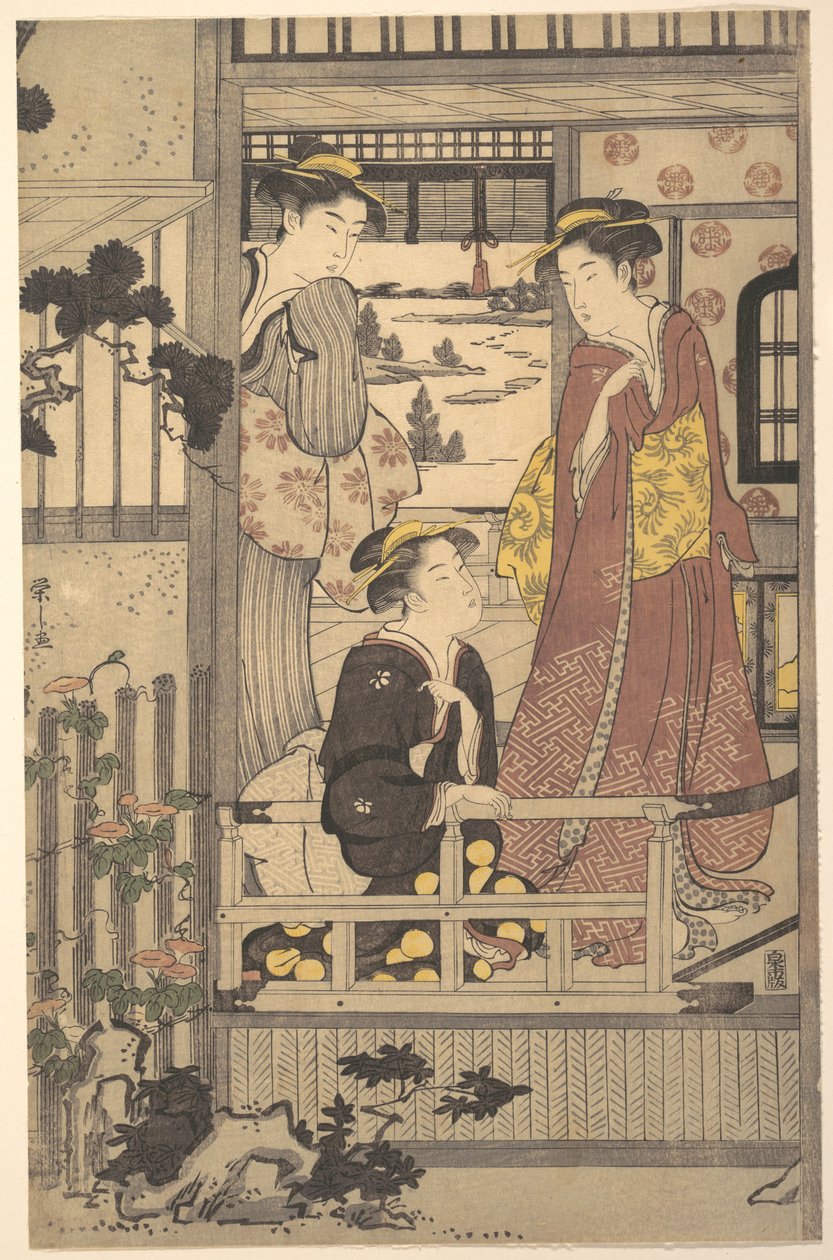 Drei Frauen auf einer Veranda von Chobunsai Eishi