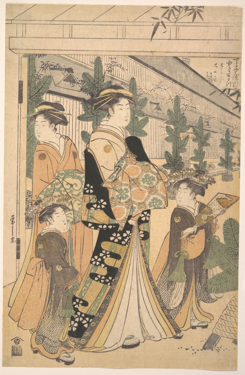 Zwei Oiran mit zwei weiblichen Begleitern in Yoshiwara von Chobunsai Eishi