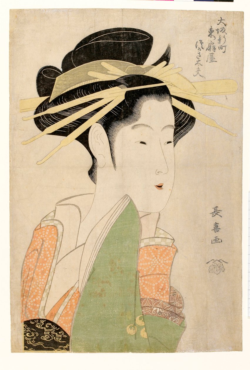 Porträt der Kurtisane Tsukasa Dayu von Higashi Ogiya im Shinmachi-Viertel von Osaka von Choki Eishusai