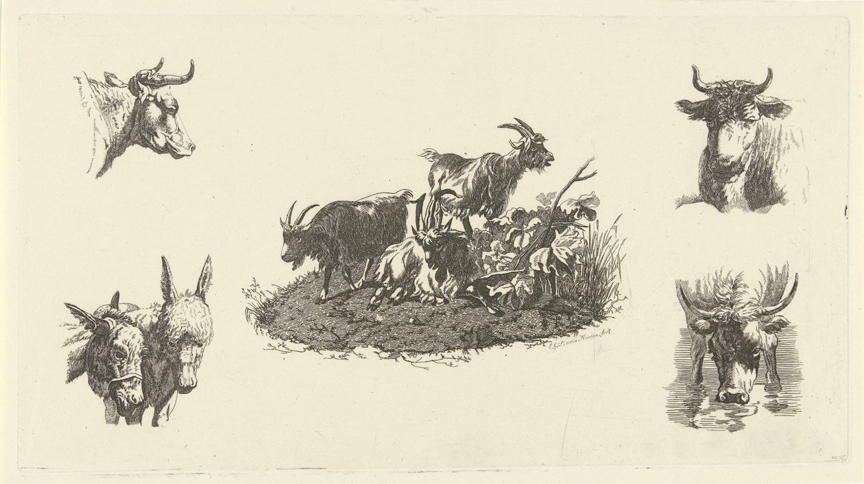 Drei Ziegen mit Kuh- und Eselsköpfen von Christiaan Godfried Schutze van Houten