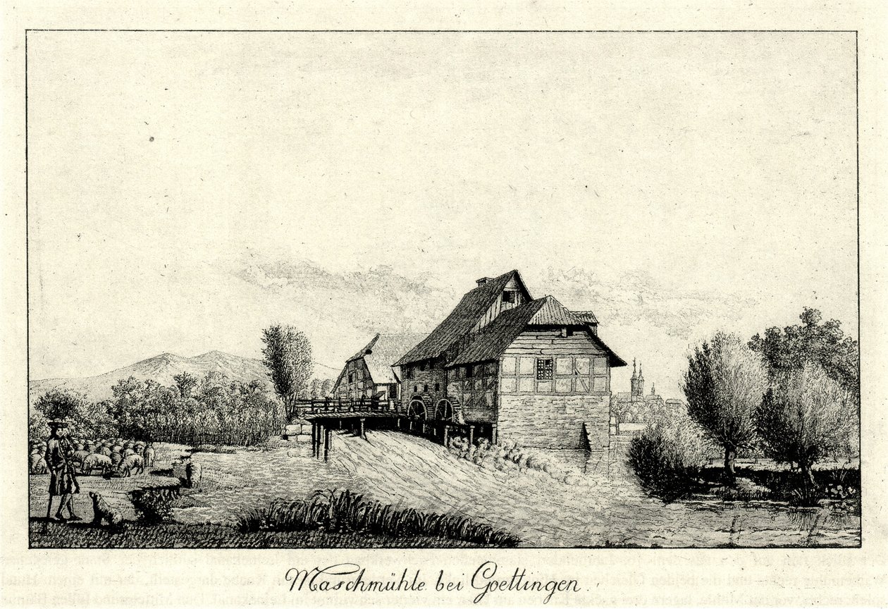 Ehemalige Maschmühle an der Leine nördlich von Göttingen, im Hintergrund links der Hainberg, rechts die Stadt von Christian Andreas Besemann