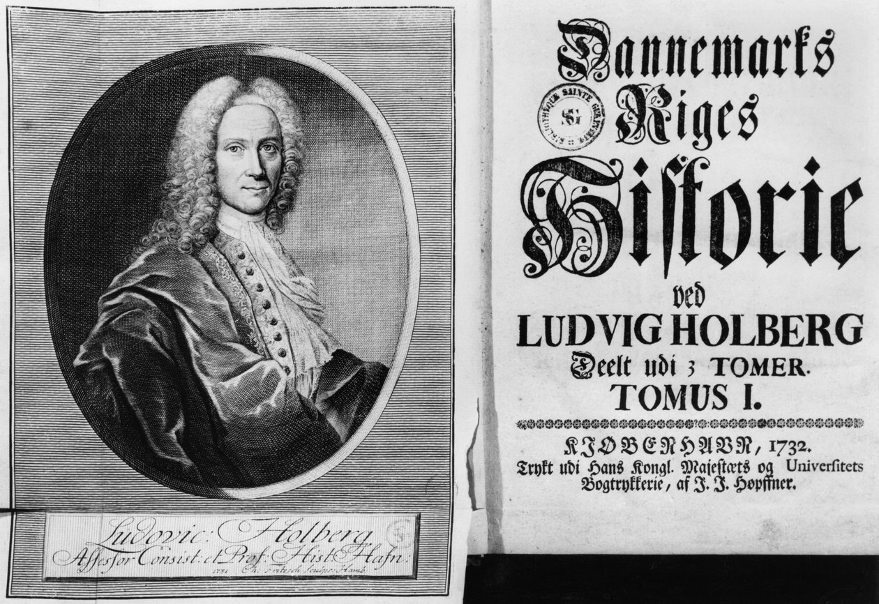 Baron Ludvig Holberg (1684-1754) und die Titelseite von Band I seiner Geschichte Dänemarks, veröffentlicht in Kopenhagen, 1732 von Christian Friedrich Fritzsch