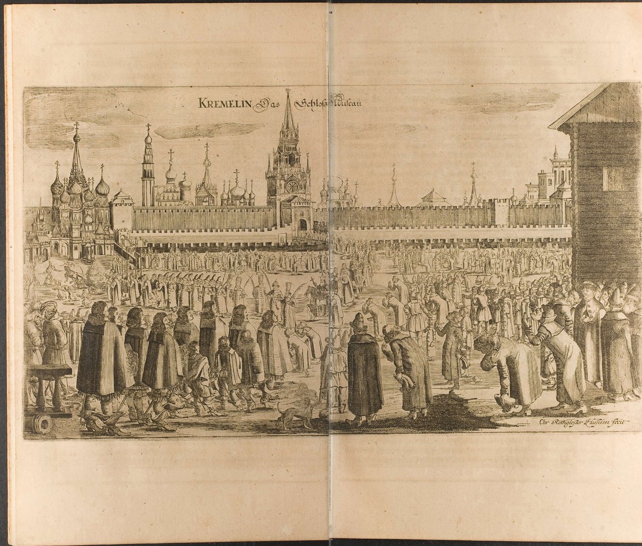 Der Eselspaziergang im Moskauer Kreml Illustration aus Reisen zum Großherzog von Moskau von Christian Lorenzen Rothgiesser