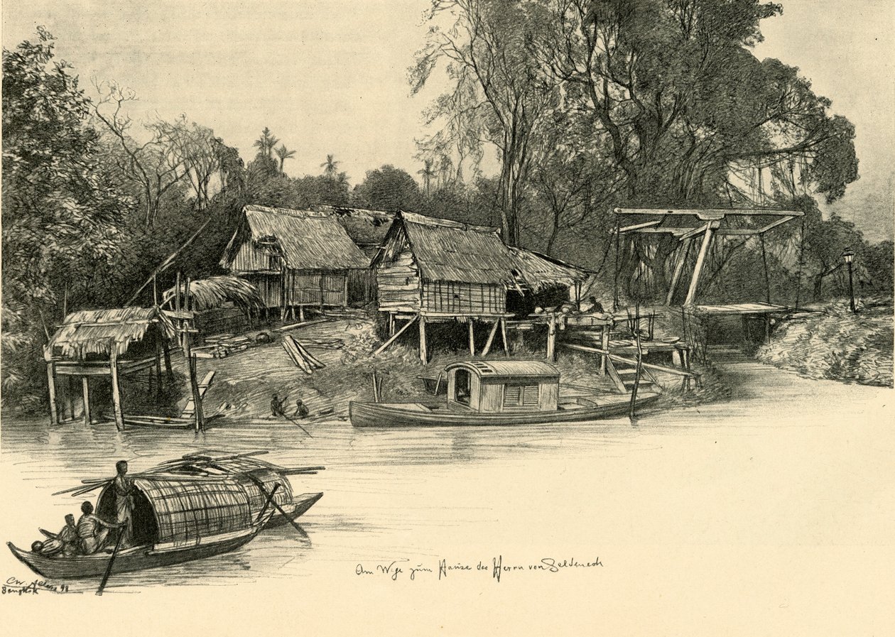 Häuser auf Stelzen, Bangkok, Siam, 1898 von Christian Wilhelm Allers