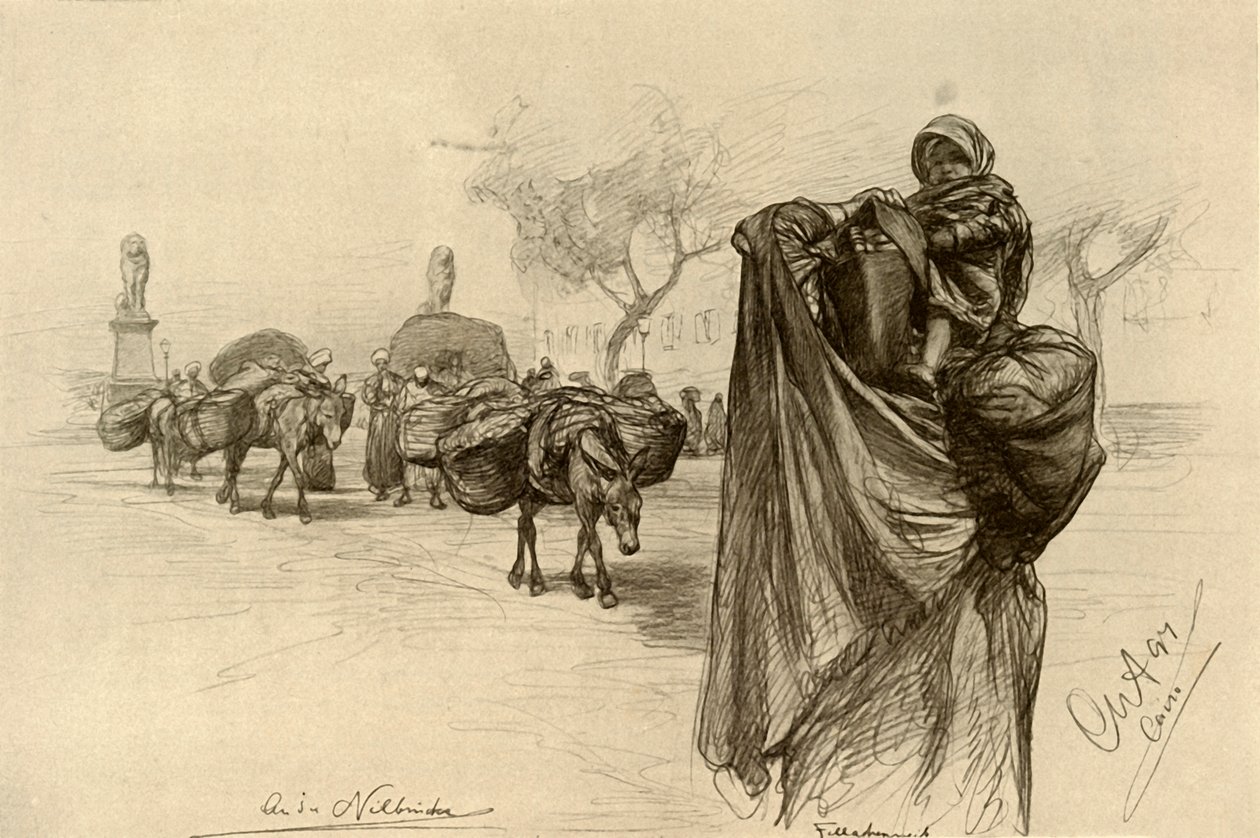 Frau und Kind in der Nähe der Kobri el Gezira Brücke, Kairo, 1898 von Christian Wilhelm Allers