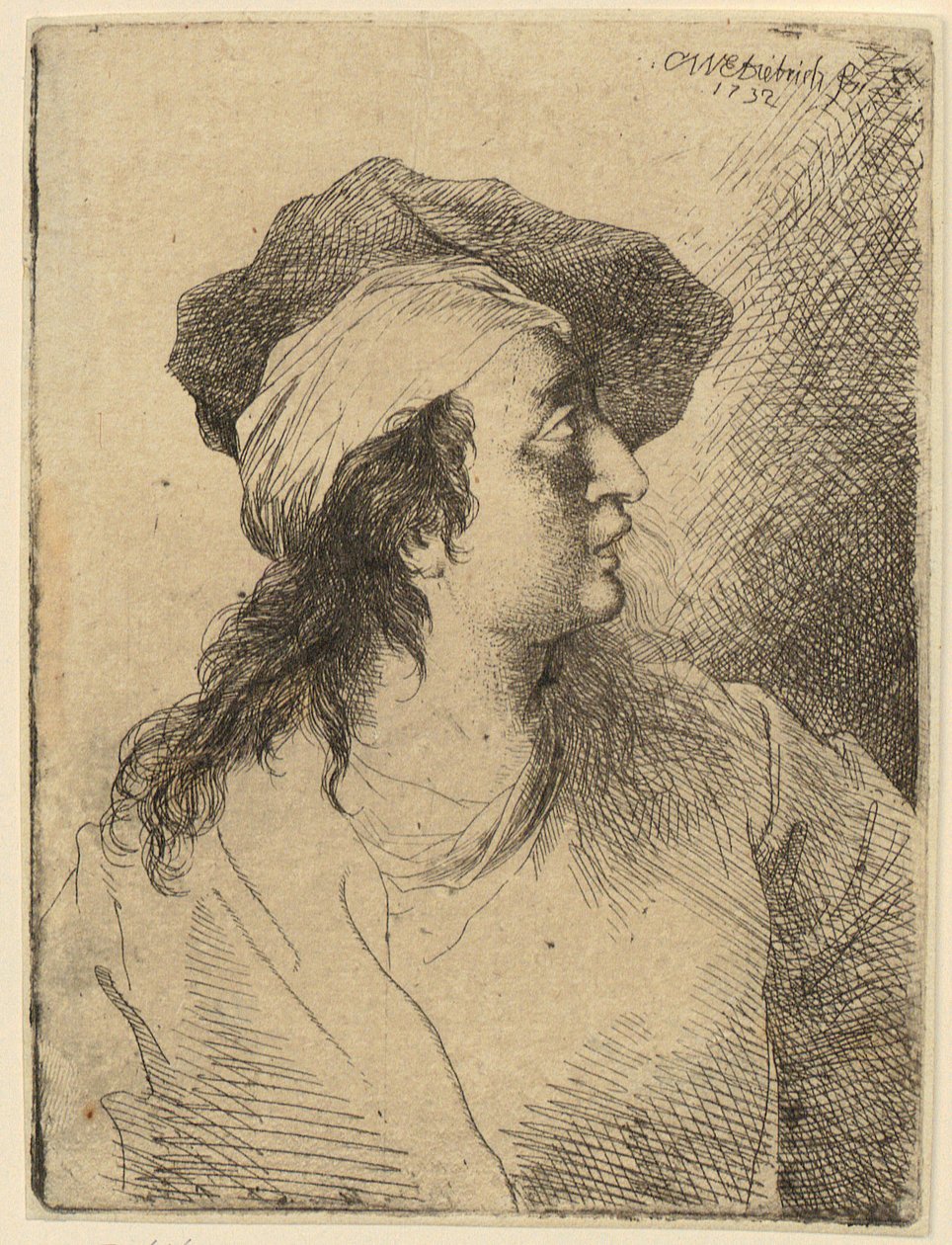 Brustbild einer jungen Frau mit Mütze, im Profil nach rechts von Christian Wilhelm Ernst Dietrich