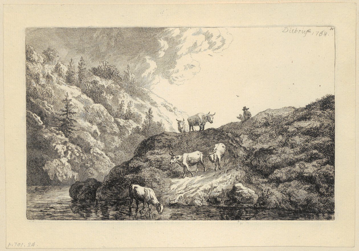 Eine Tierherde am Fluss [Die zur Tränke getriebenen Ochsen] von Christian Wilhelm Ernst Dietrich
