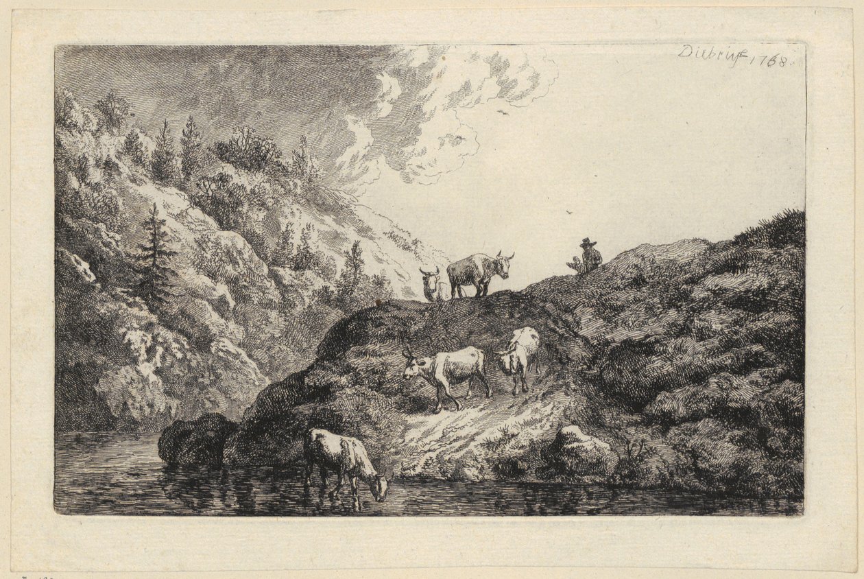 Eine Tierherde am Fluss [Die zur Tränke getriebenen Ochsen] von Christian Wilhelm Ernst Dietrich