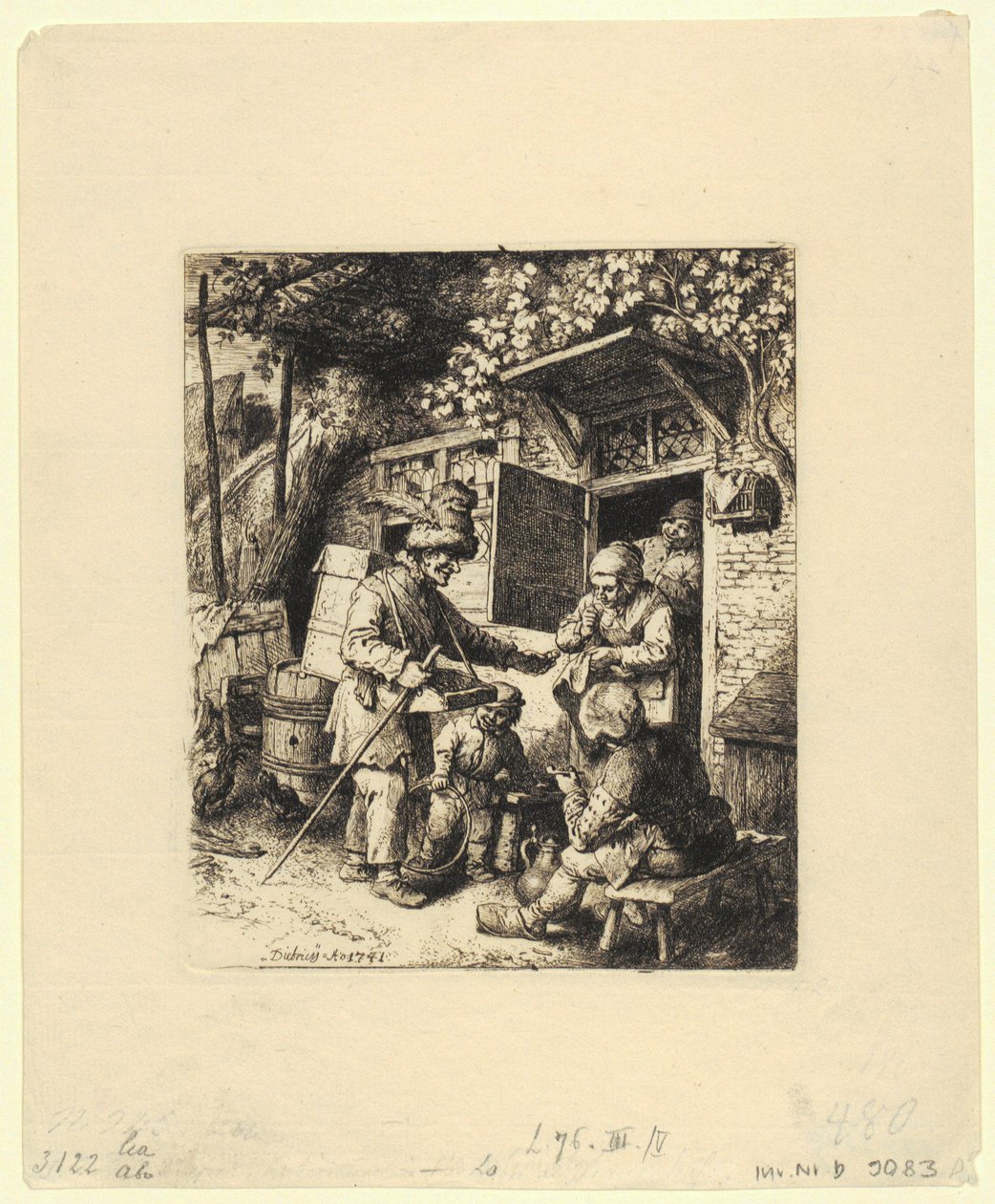 Halbfigur eines sitzenden Mannes mit gefiedertem Hut und Brille in der linken Hand von Christian Wilhelm Ernst Dietrich