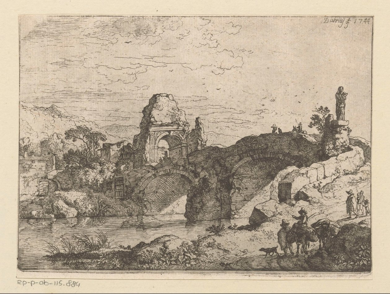 Landschaft mit der Ruine eines Tores neben einer verfallenen Brücke von Christian Wilhelm Ernst Dietrich