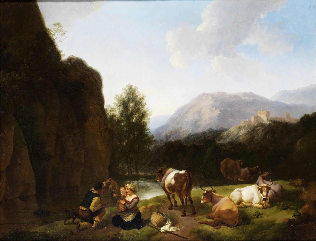 Rastende Familie neben Kühen an einem Fluss von Christian Wilhelm Ernst Dietrich