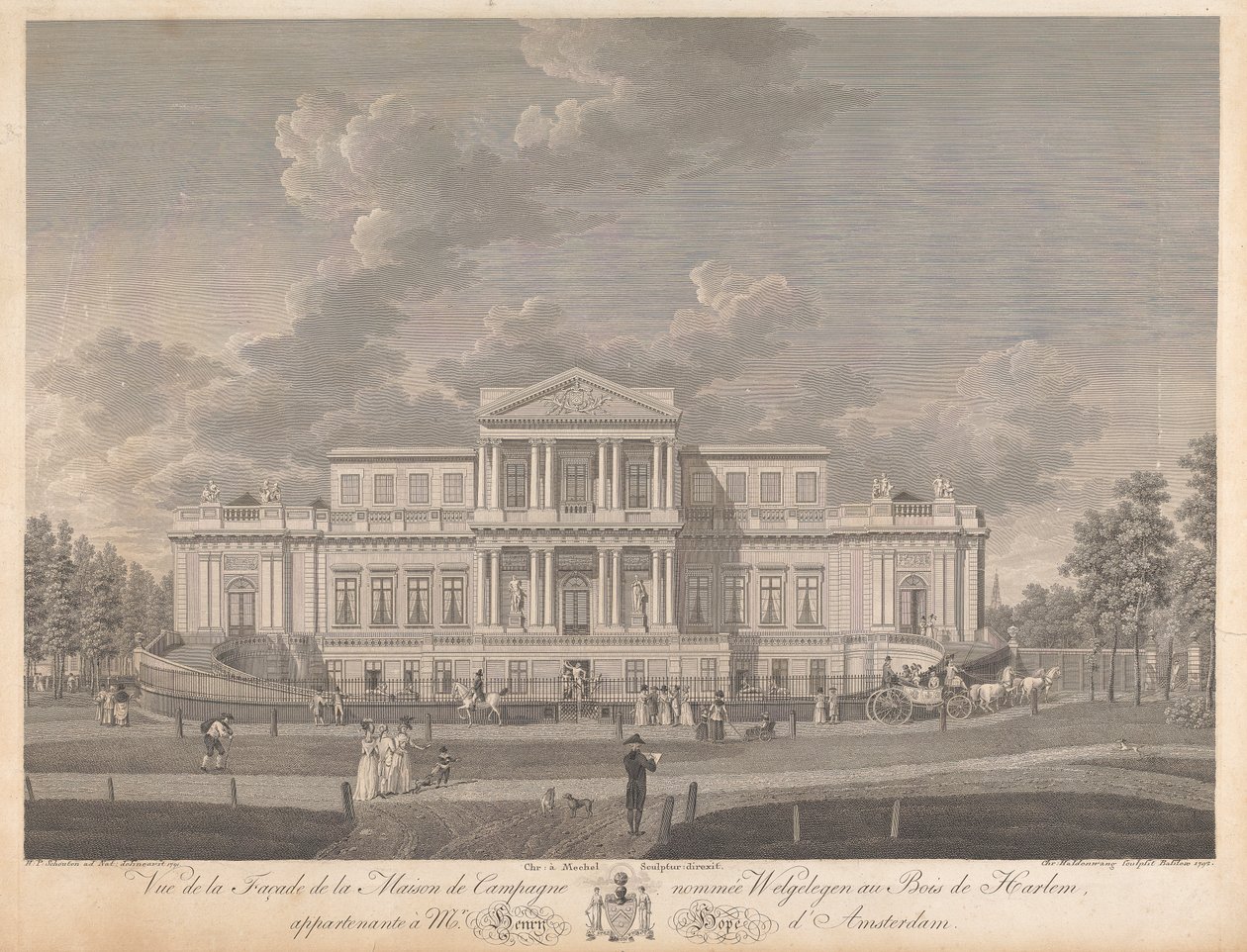 Welgelegen: Ansicht der Fassade des Landhauses namens Welgelegen im Wald von Harlem, im Besitz von Herrn Henry Hope aus Amsterdam von Christian von Mechel