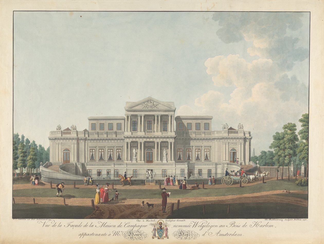 Welgelegen: Ansicht der Fassade des Landhauses namens Welgelegen im Wald von Harlem, im Besitz von Mr. Henry Hope aus Amsterdam von Christian von Mechel