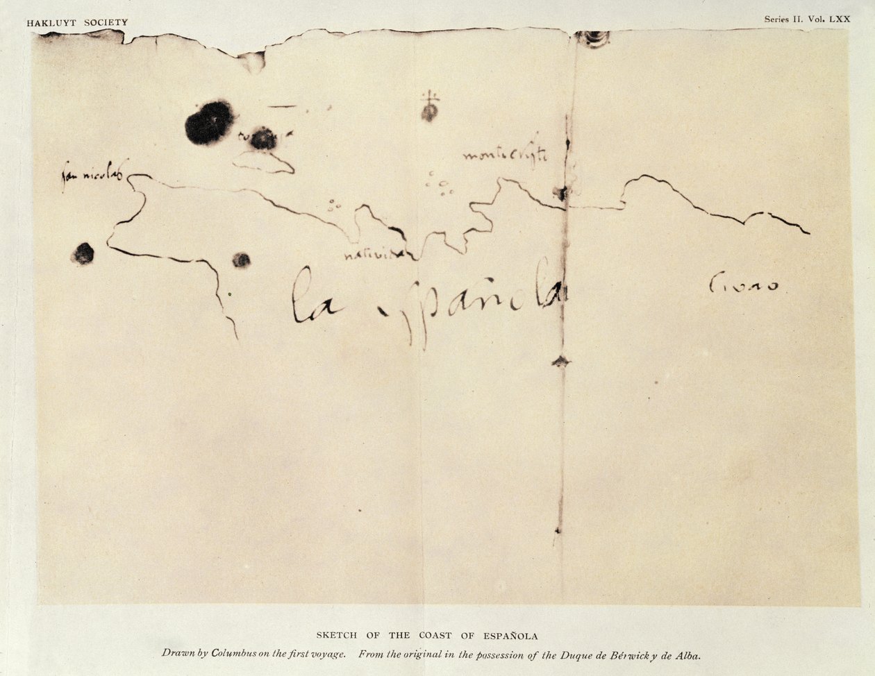 Skizze der Küste von Espanola, gezeichnet von Kolumbus auf der ersten Reise, aus dem Original im Besitz des Duque de Berwick y de Alba, 1492 von Christopher Columbus